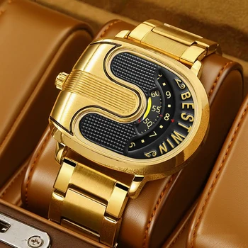 Gold Top Brand Luxury Men Watches Unique Design Stainless Steel Band Golden Dropship relogio masculino High Quality Male 1