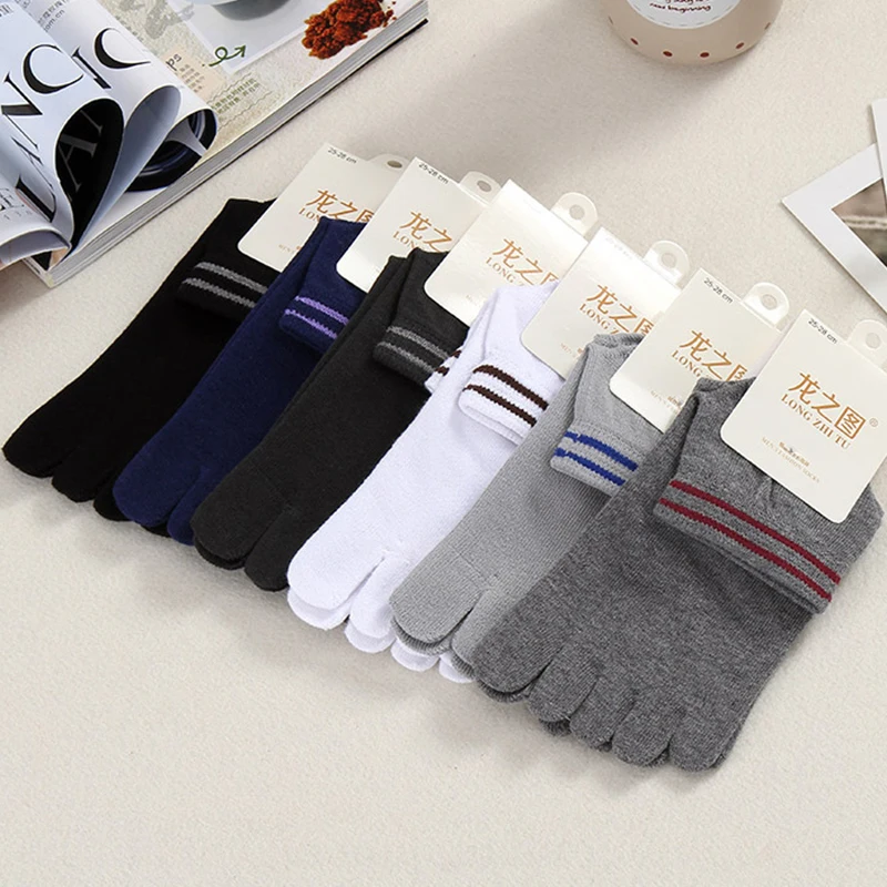 5 Pairs Solid Black White Striped Separate Toe Ankle Socks Men's Short Tube Cotton Breathable Business Casual Socks Five Fingers