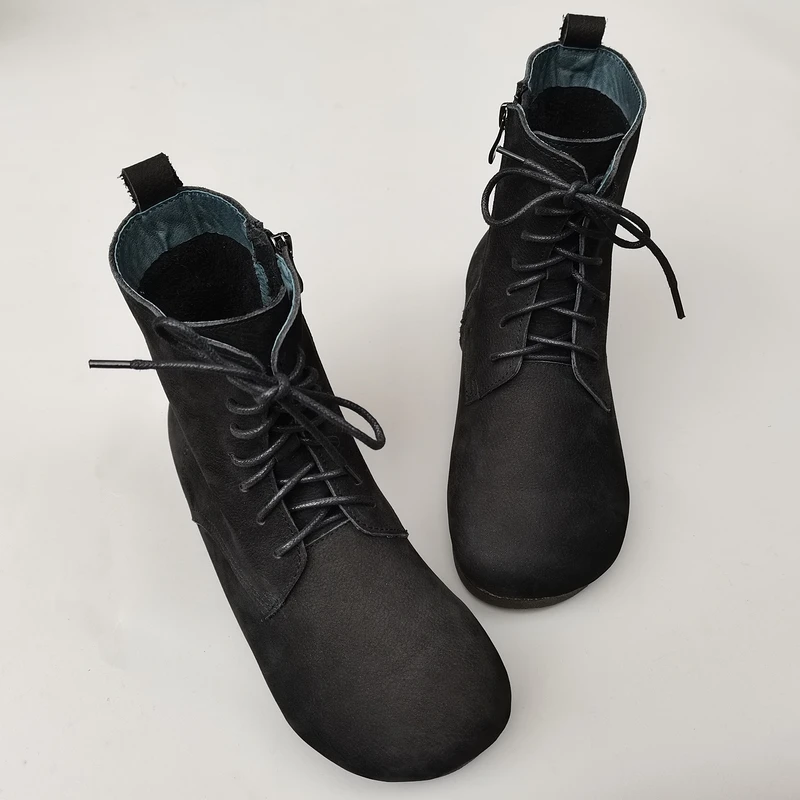 Careaymade 여성용 가죽 부츠, 부드러운 밑창 플랫 부츠, 오리지널 라운드 암소 가죽, 하이탑, 캐주얼 싱글 부츠, 100% 신상