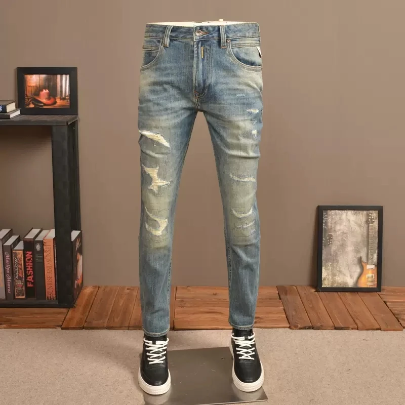 hot men ripped skinny jeans blue biker hole pencil pants locomotive party casual trousers street clothing denim men clothing Fashion Vintage Men Jeans Retro Blue Elastic Slim Fit Ripped Jeans Men Trousers Hole Patched Designer Casual Denim Pants Hombre