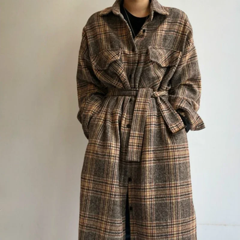 Women Winter Long Elegant Shirt Coat Long Sleeve Plus Size Woolen Plaid Overcoat Long Sleeve Outwear Vintage Autumn Jacket Cloak