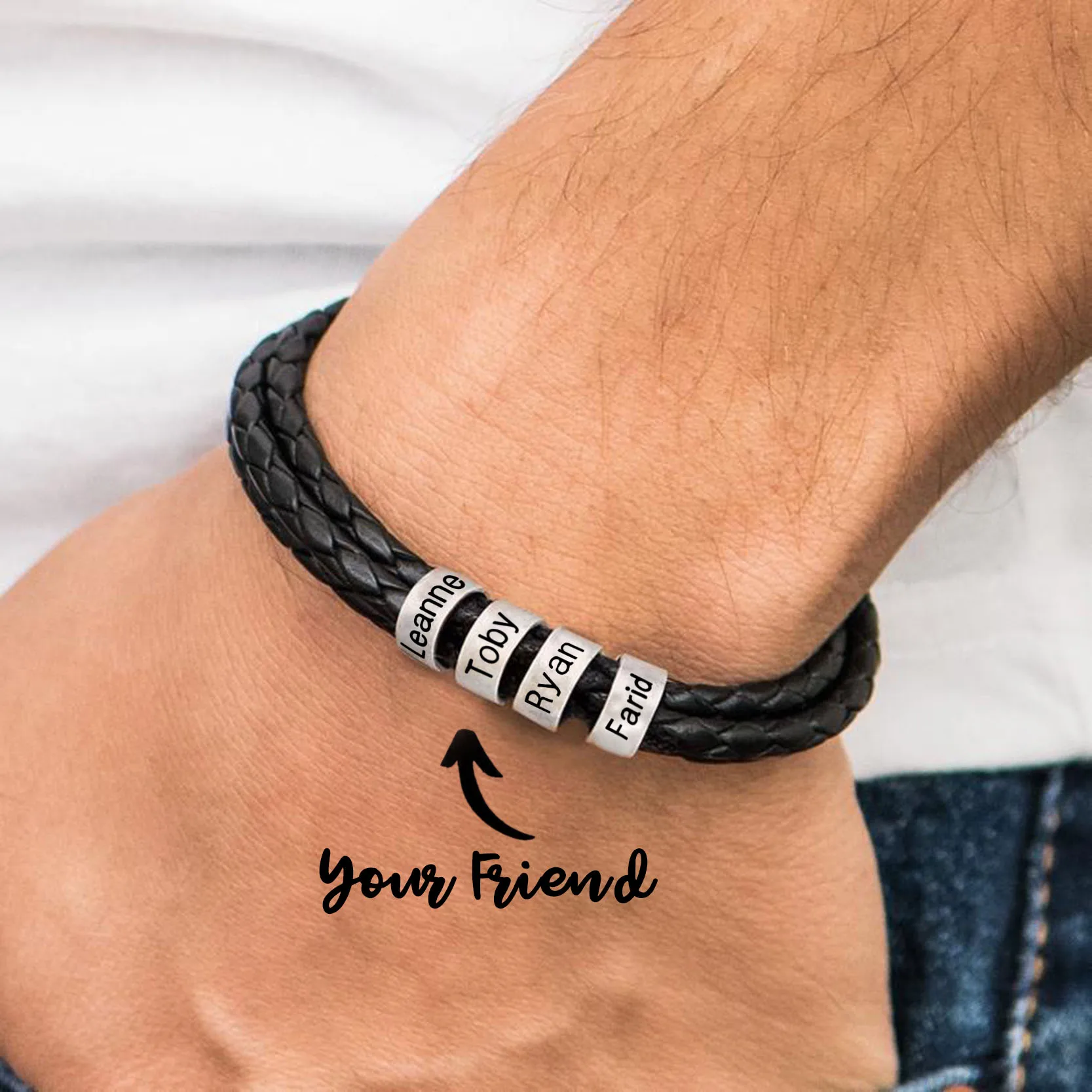 Personalized Mens Braided Genuine Leather Bracelet Stainless Steel Custom Beads Name Charm Bracelet for Men with Family Names custom engravd name id bracelet for women stainless steel jewelry beads charm personnalisé bangle family lovers anniversary gift
