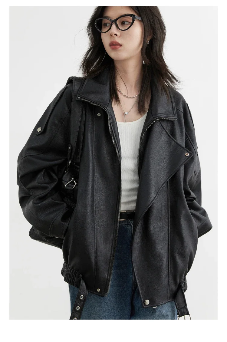 CHIC VEN Women PU Jacket New Loose Retro Motorcycle Faux Leather Quilted Coat Female Overcoat Thick Warm 2025 Spring Autumn Top