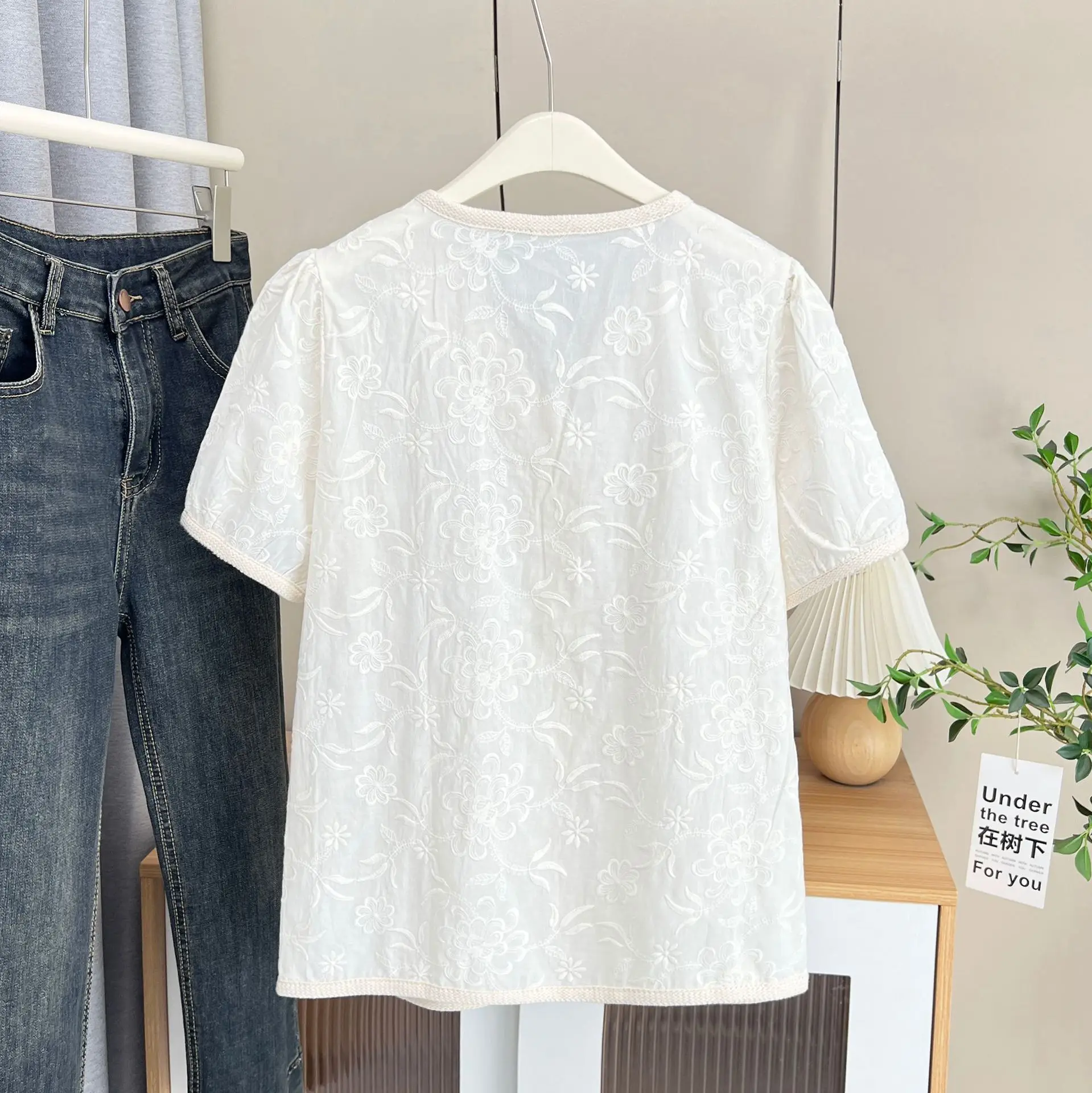 100KG Summer Plus Size Women's Blouses New Retro Chinese Style Jacquard Cotton Short Sleeved Shirt Elegant