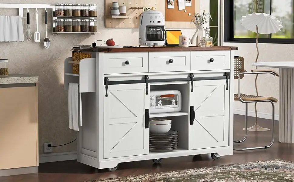 Kitchen Island with Sliding Barn Doors and Power Outlet