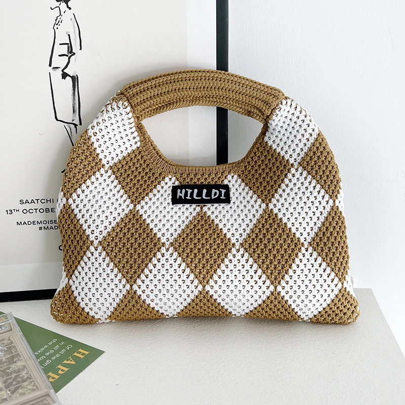 Soft Handwoven Diamond Lattice Knit Small Top Handle Bag Contrast Color Plaid Mini Tote Cute Y2K INS Style Minimalist Wholesale