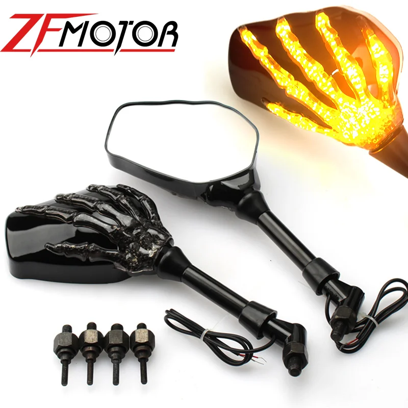 Pair Motorcycle Mirror Skeleton Skull Hand Claw Side Rear View Mirrors LED Turn Signal Light 8mm 10mm Universal front license plate bracket