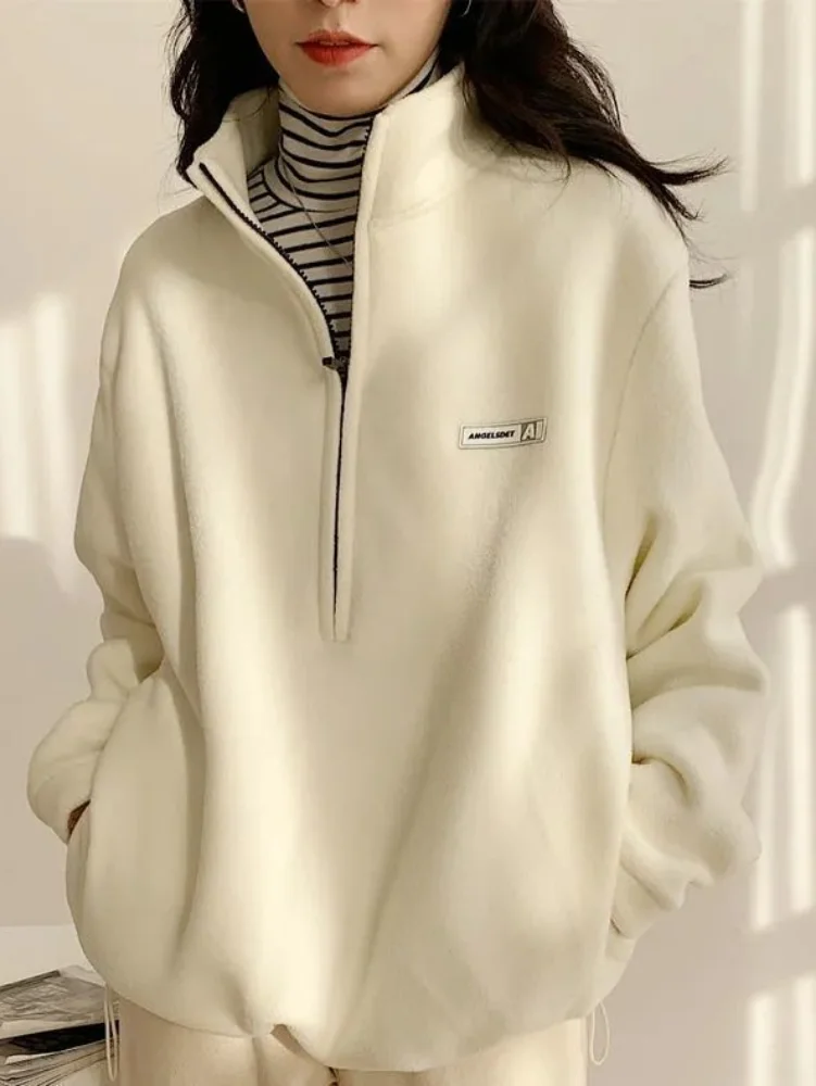 

Korean Warm Fleece Fluffy Zip Hoodies Women Casual Kpop Fashion Plus Velevt Sweatshirt Top 2022 Autumn Winter