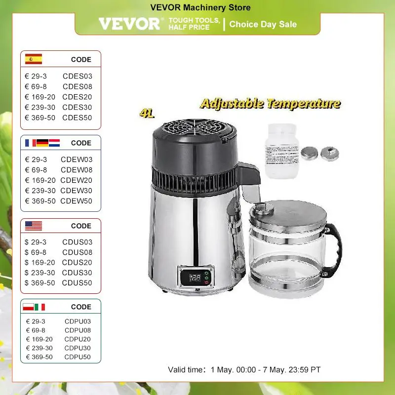 VEVOR-4L 증류 증류기 필터 기계, 정수기 및 월광택 장치 DIY 디스펜서 키트, 가정용 가전제품 VEVOR-4L 증류 증류기 필터 기계, 정수기 및 월광택 장치 DIY 디스펜서 키트, 가정용 가전제품