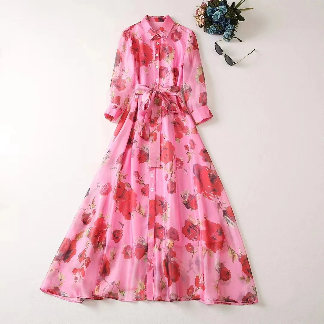 

European and American women's clothes 2023 summer new Seven-point sleeve lapel flower print single breasted Belt Pink Dress XXL