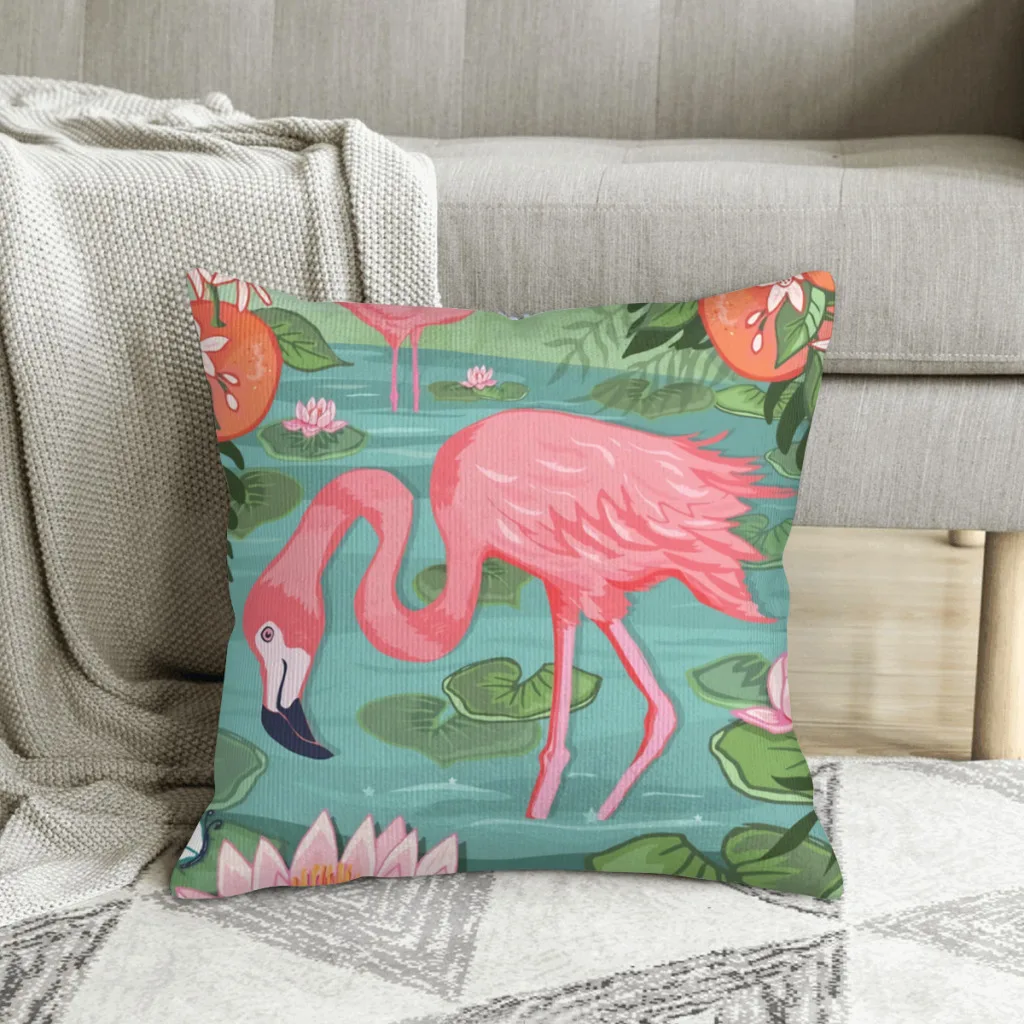 

Lotus Leaf Grove Flamingo Boho Polyester Cushion Cover For Sofa Car Decorative Washable Cojines Decorativos