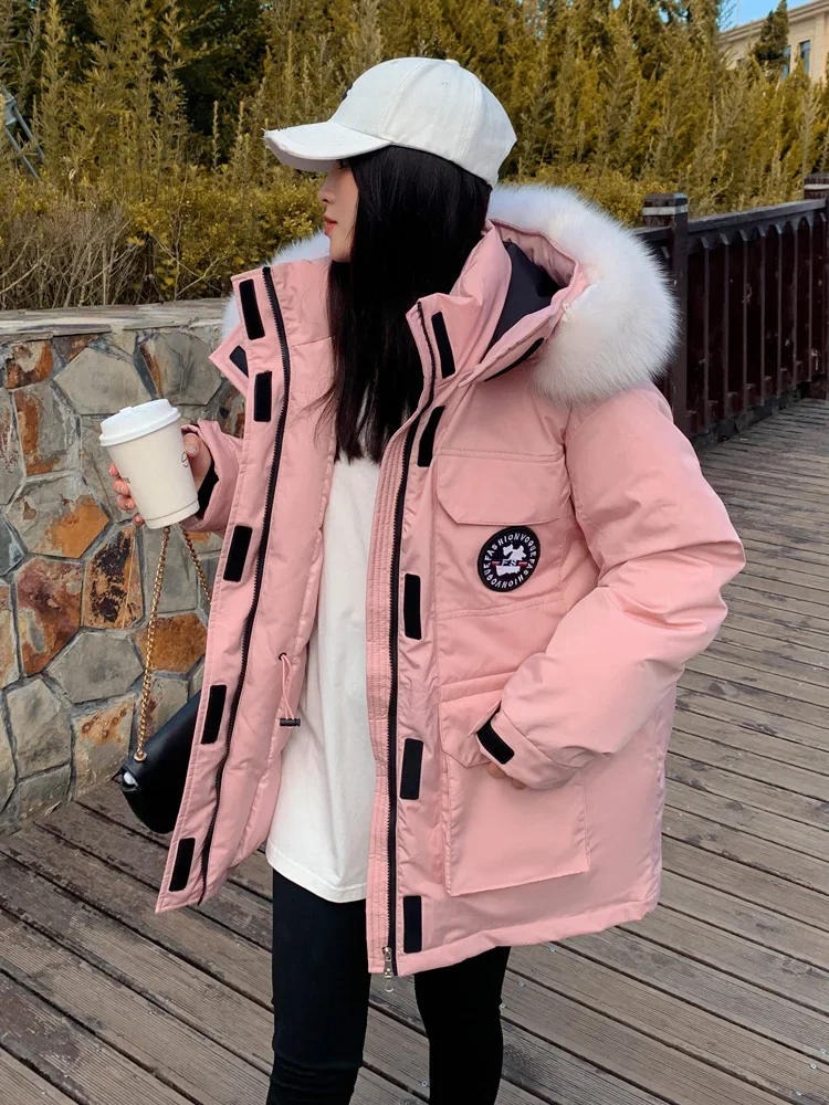 

Pink Hooded Puffer Women's Winter 2022 Parker Clip Overcome Thickening Winter Outdoor White Snow Jacket Couples Cargo Jacket