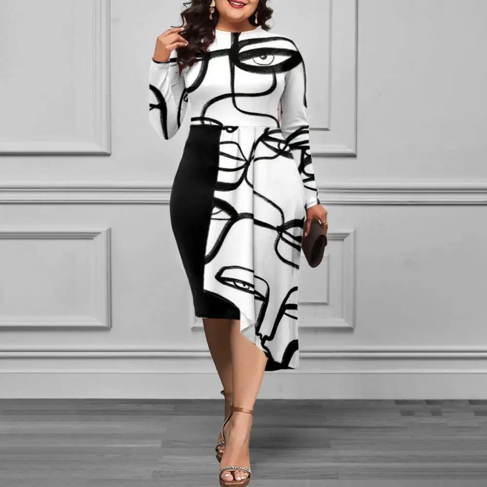 

Women Dress Elegant Abstract Figure Print Medium Stretch Midi Dress with Asymmetrical Hem for Spring Autumn Hip-hugging Dress