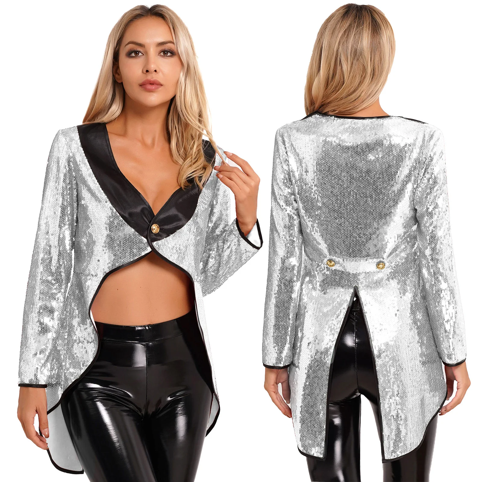 Vestido de mago de Halloween para mujer, chaqueta FRAC de circo Ringmaster, lentejuelas brillantes, esmoquin de un botón, prendas de vestir exteriores, disfraces