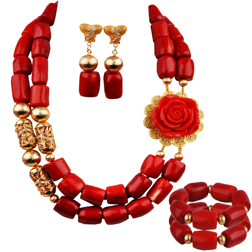 

Nigerian Wedding Set Red Flower Coral Necklace 2Bracelets African Bride Jewelry Sets 23-530AB