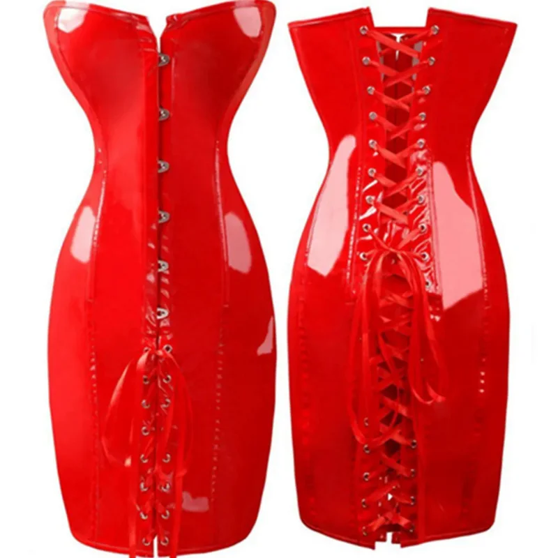

Женский черный/красный длинный кожаный корсет, сексуальное готическое платье-корсет, бюстье из ПВХ кожи с косточками, кружевная Клубная одежда, корсет-E