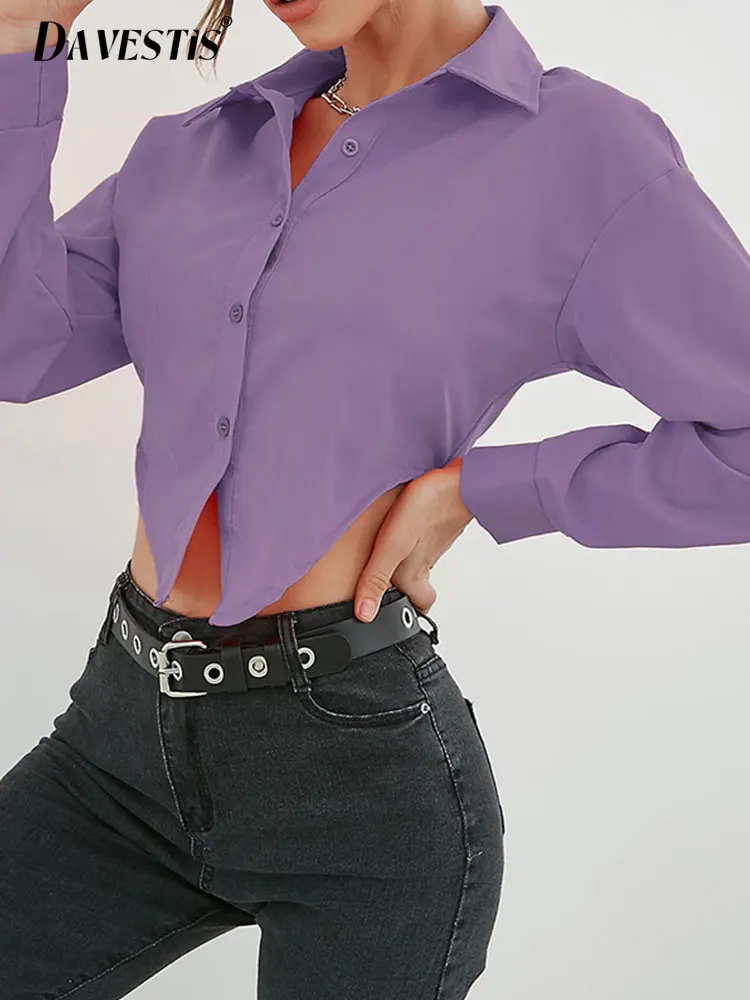 

Temperament Short Waist Shirt for Women's Fashion Slim Purple Blouses Lady Polo Collar Commuter Office Long Sleeve Shirts