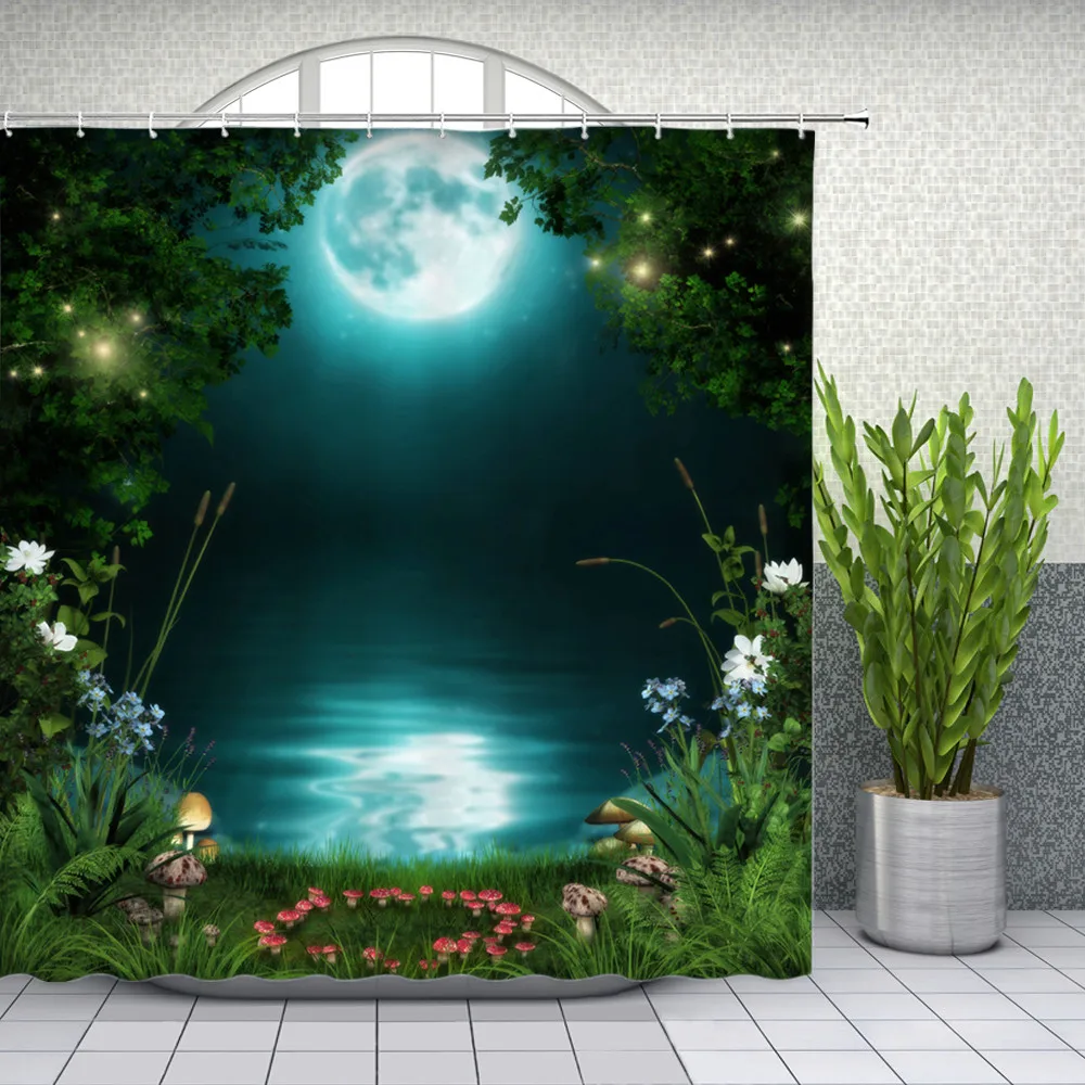

Jungle Landscape Shower Curtains Bathroom Decor Fairy Night View Tale Flower Plant Mushroom Waterproo Home Bath Curtains Screen