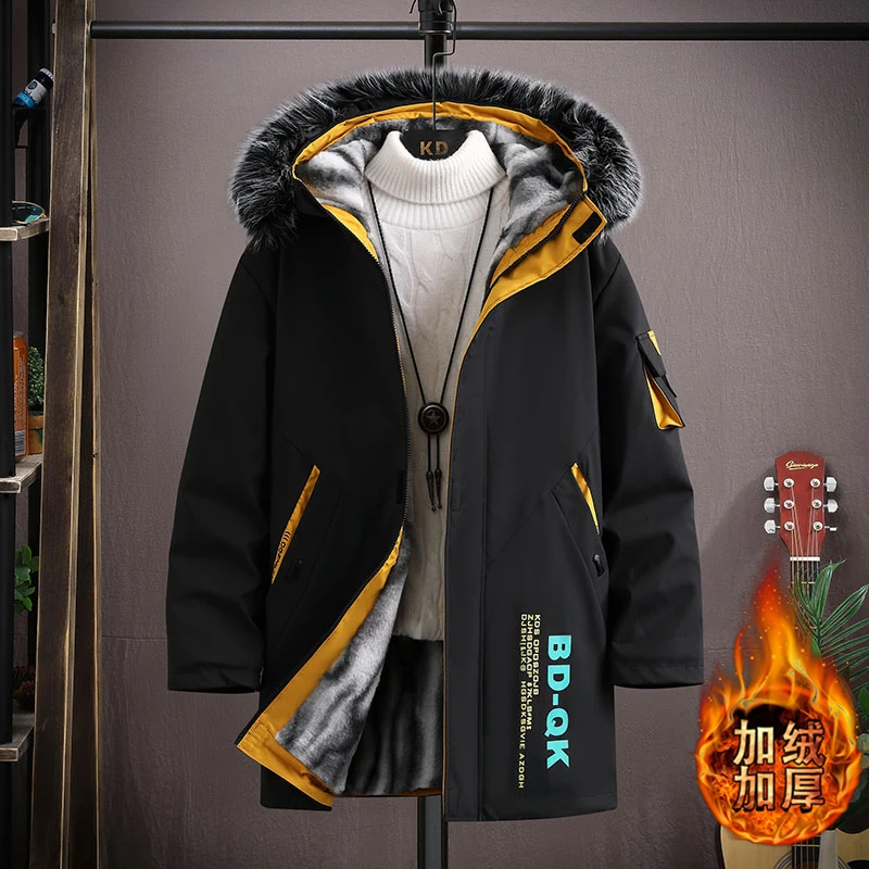 Winter Fashion Trend Long Warm Trench Coat Men's Casual Loose Comfort Plus Fleece Thickened Large Size Coat