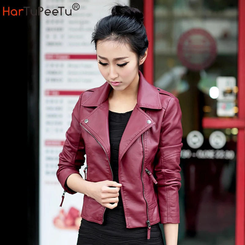 цена 2023 Spring Autumn Women Red Black Faux Leather Jacket Motor Short Slim Fit PU Coat Biker Korean Drop XS~4XL Outwear Shipping