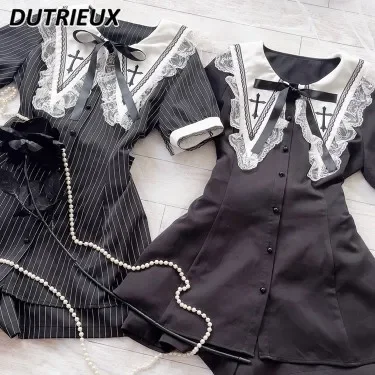 

Mine Japanese Lolita Style Mid-Length Short Sleeve Blouse Casual Shorts Set Girl Autumn New Cross Embroidered Shirt Shorts Suit