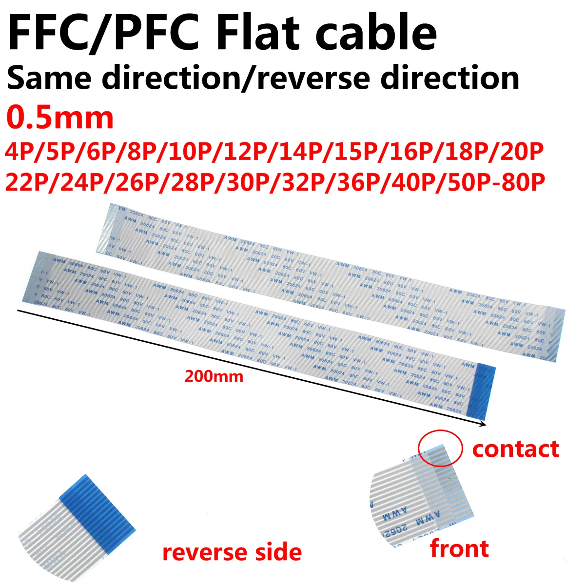 20Pcs FPC Flexible Flat Cable FFC 0.5MM 200MM 20cm A B type interface 4P 5P 6P 8P 10P 12P 14P 16P 18P 20P 22P 24P-40P 15cm