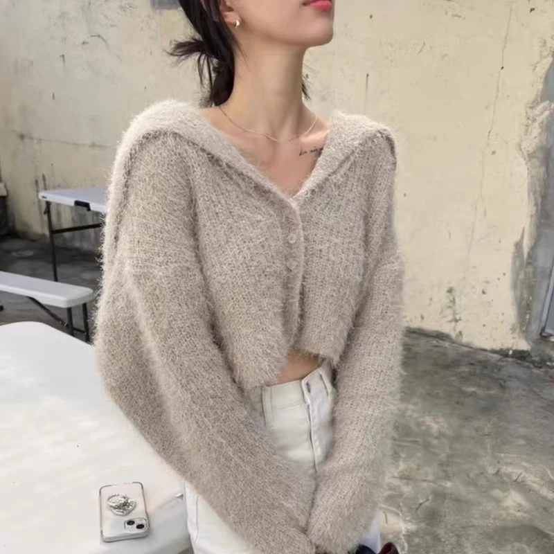 

VOLALO Sweater Popular Chic Autumn and Winter Outerwear Women Sailor Collar Buckle Soft Glutinous Short Thickened Knitted Top