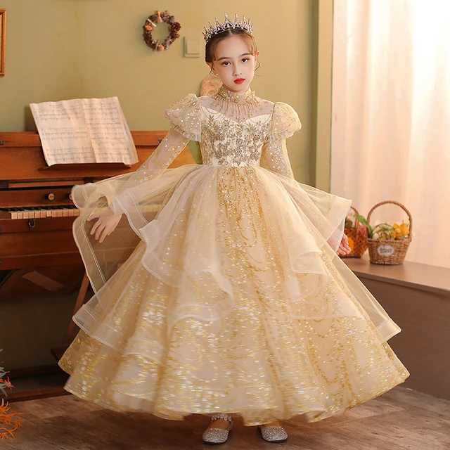 Childrens Girls Elegant Formal Sequin Embroidered Pageant Dress