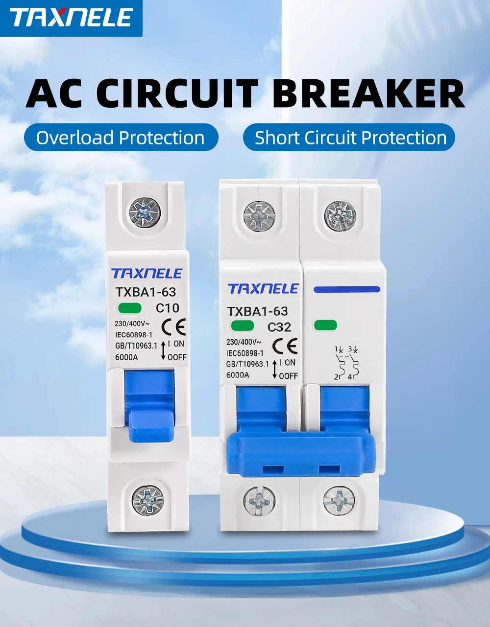 Mini disjoncteur AC MCB 1P 2P 230V 400V 6KA, interrupteur d'air 6A 10A 16A  20A 32A 40A 50A 63A, protection contre les surcharges et les  courts-circuits (Size : 1P, Color : 6A) 