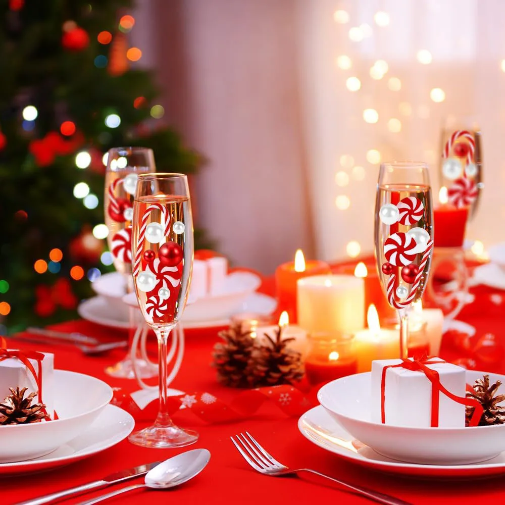 Weihnachtsvase mit weißen und roten Zuckerstangenperlen, Weihnachtsfüllung, schwimmende künstliche Perle, Esstischdekoration für Zuhause – Detail 12