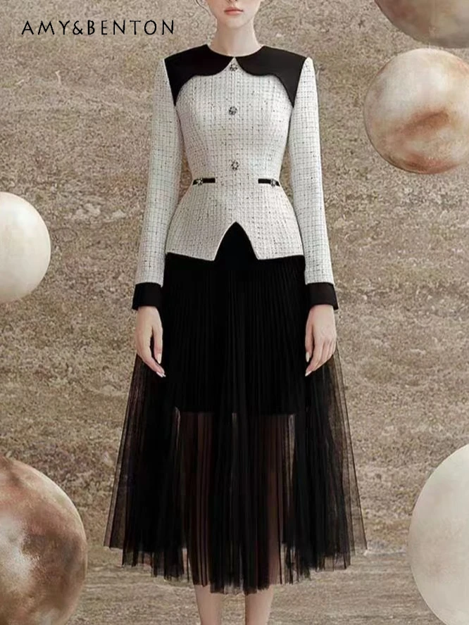 French High Sense Elegant Graceful Sequin Woven Patchwork Round Neck Woolen Coat High Waist Skirt Fashion Two-Piece Sets Women