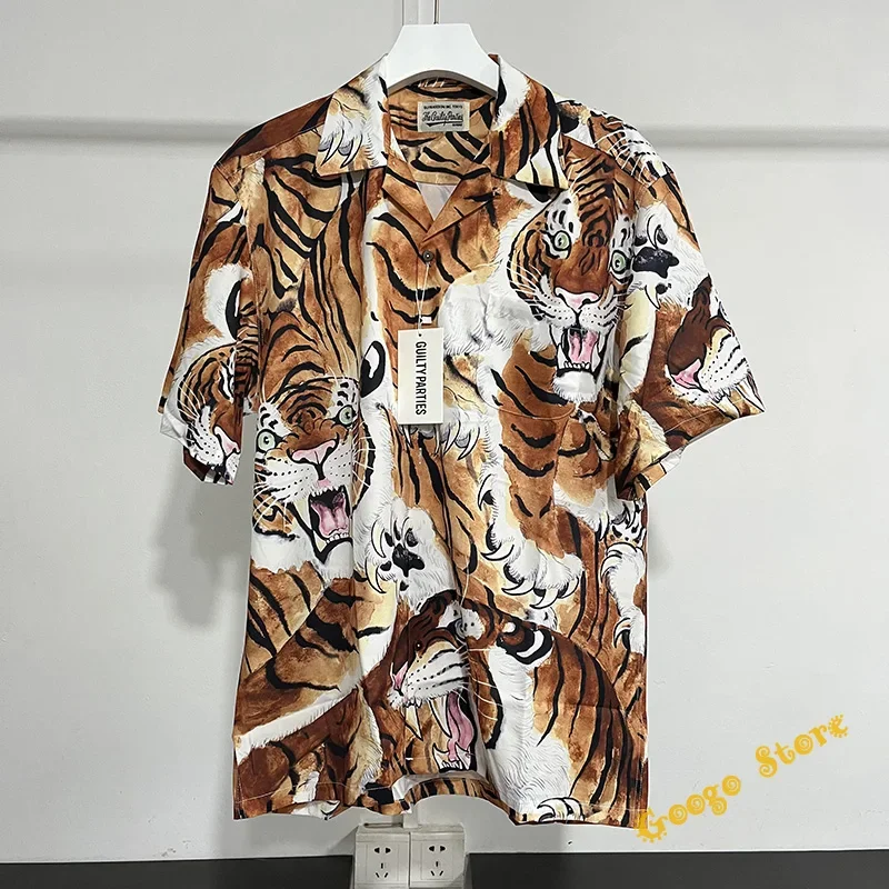 

Summer Tiger Pattern Classic Hawaii WACKO MARIA Shirt Men Women Full Logo Print Quality Quick Lapel Short Sleeve