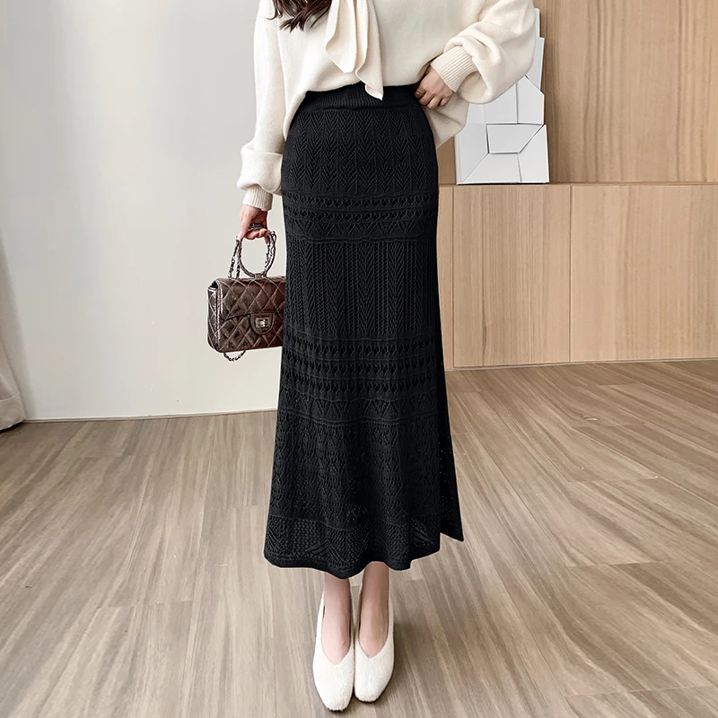 Long Skirts Women Harajuku Wrap Knitted Hollow Out Skirt Autumn