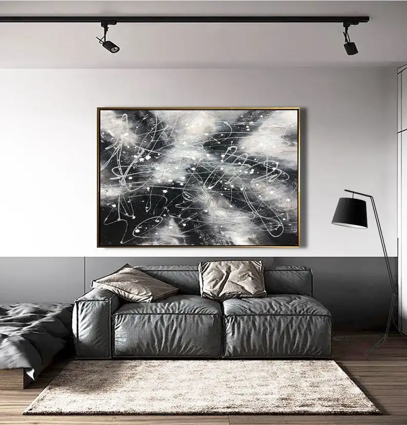 

Jackson Pollock style Black White Abstract painting Original Large Canvas Painting ,Oversize Painting,Hand Made Wall Art Acrylic