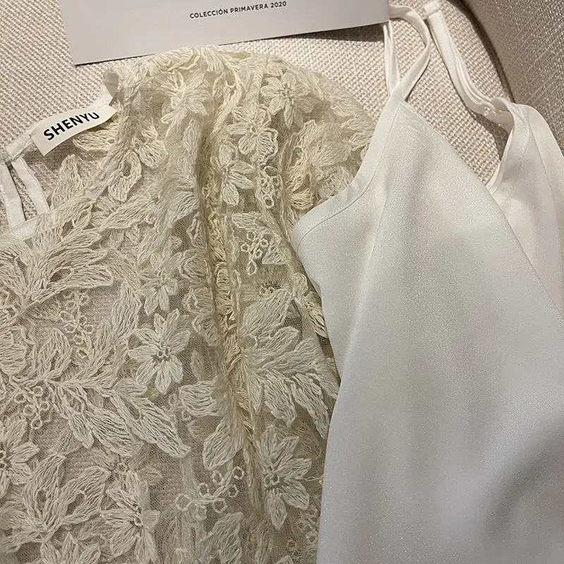 Lace Women Shirts Sexy Sheer Summer Thin Delicate Vintage Design Chic French Style Ladies Elegant Aesthetic Tops Fashion Sling