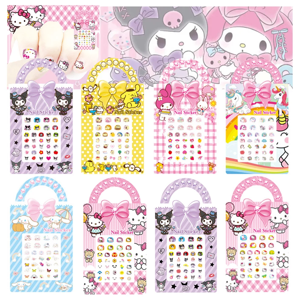 5PCS Kawaii Hello Kitty Kuromi Nail Stickers Sanrio Aesthetic Cartoon DIY Nail Art Decoration Decal Cute Girls Kids Party Gift