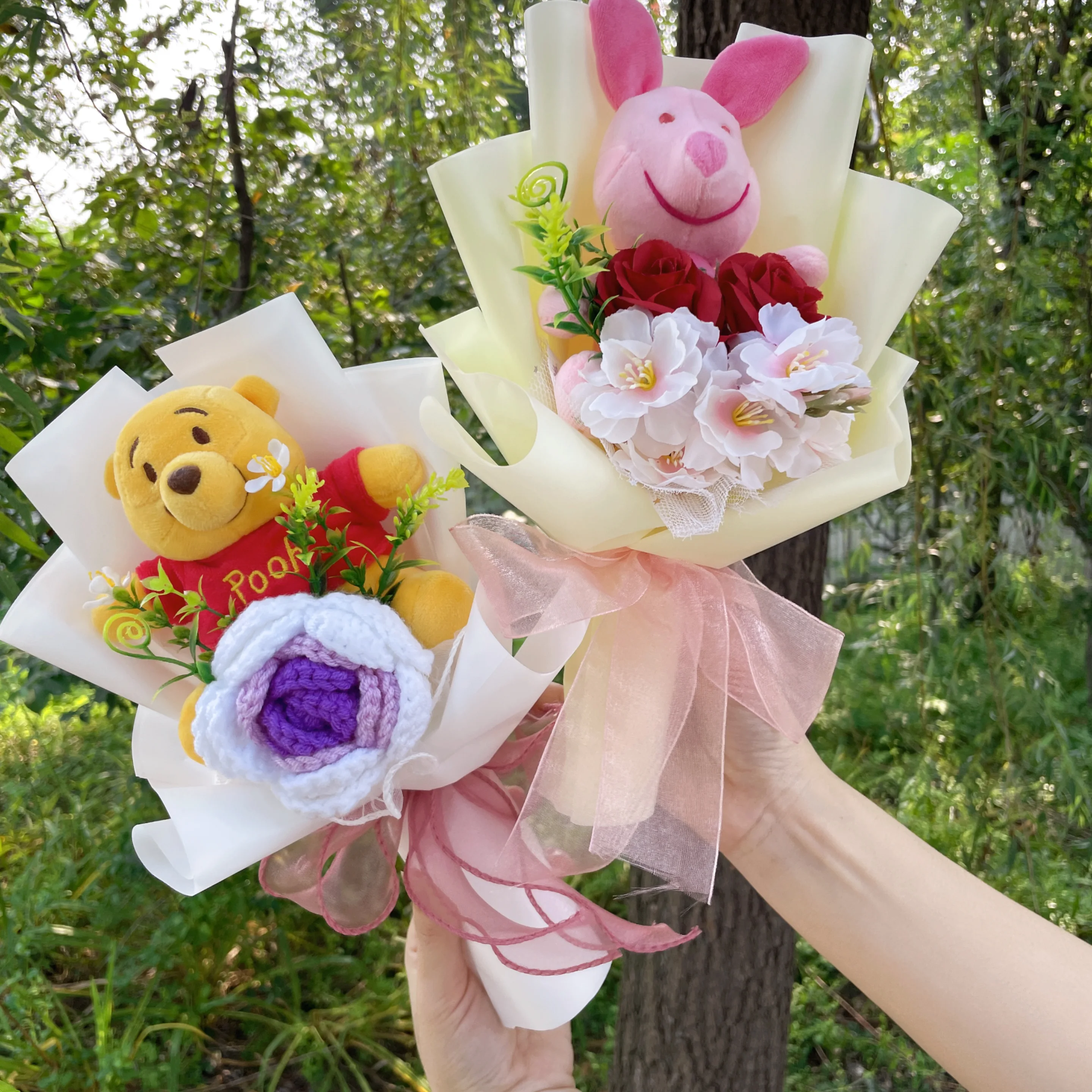 Cartoon Winnie the Pooh Plush Doll Toy Handmade Flower Bouquet Wedding Valentine's Day Christmas Graduation Gifts plush toy,plush doll toy,plush doll
