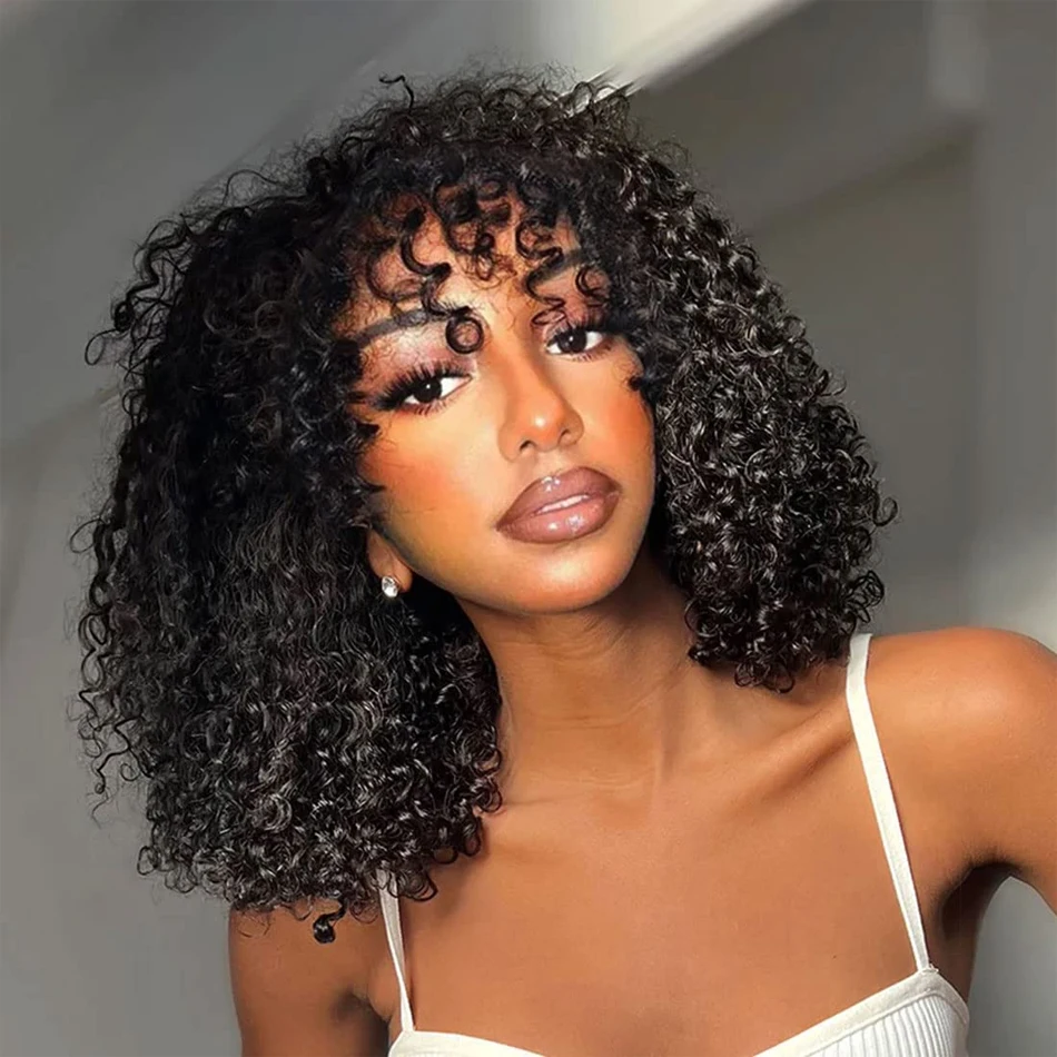 

Brazlian Bob Wig With Bangs Short Curly 12A Human Hair Wig Full Machine Made Scalp Top Wig Remy Water Wave Hair Bangs Wig OnSale