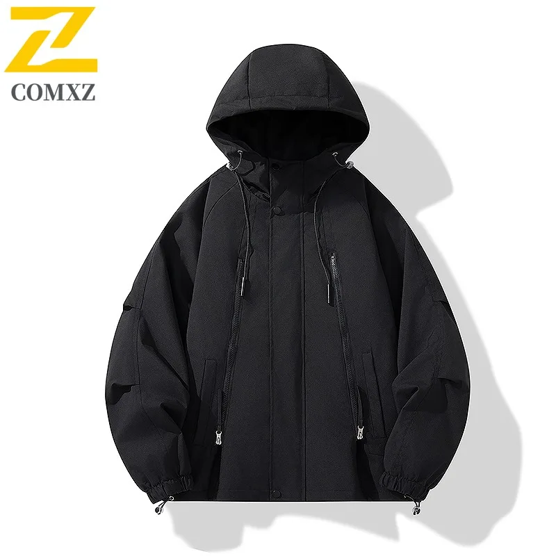 COMXZ Mens Jacket Durable Hiking Rock Climbing Windproof Motorcycle Coats 2025 Premium Hooded Travel Autumn New Outerwear