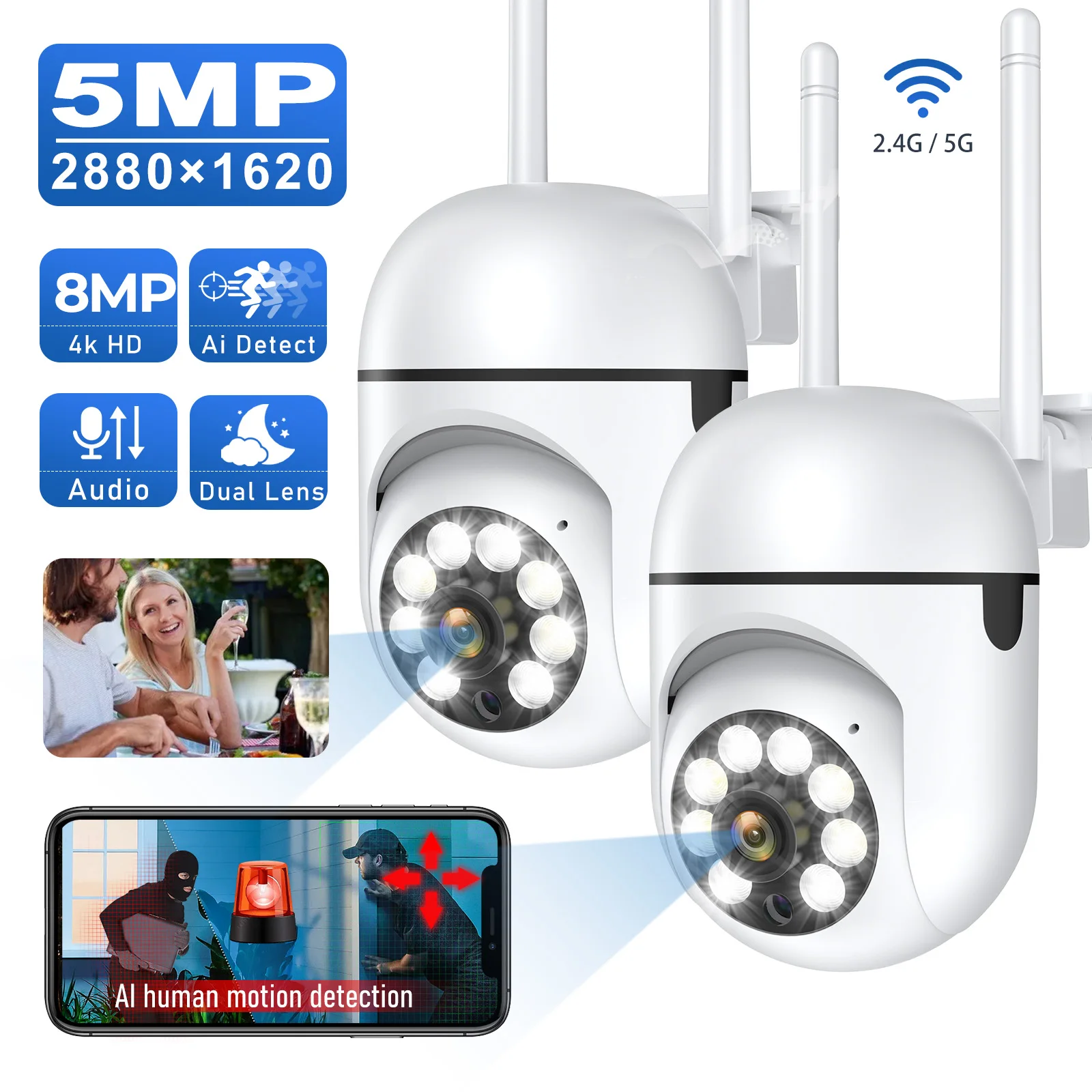 Outdoor 5MP Wifi Surveillance Camera CCTV Waterproof External Security Protection Human Detection Tracking Surveillance Cameras