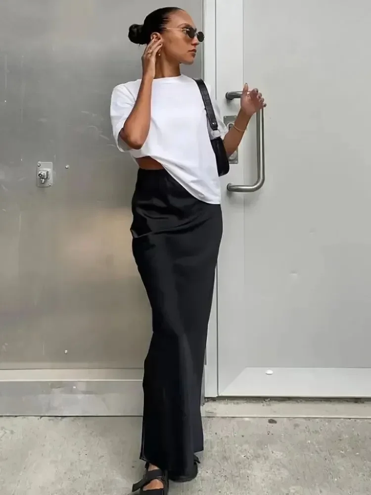 

Women's Black Elegant Satin Fashion Slim Skirts Four Seasons Casual High Waist Club Office Maxi Skirt