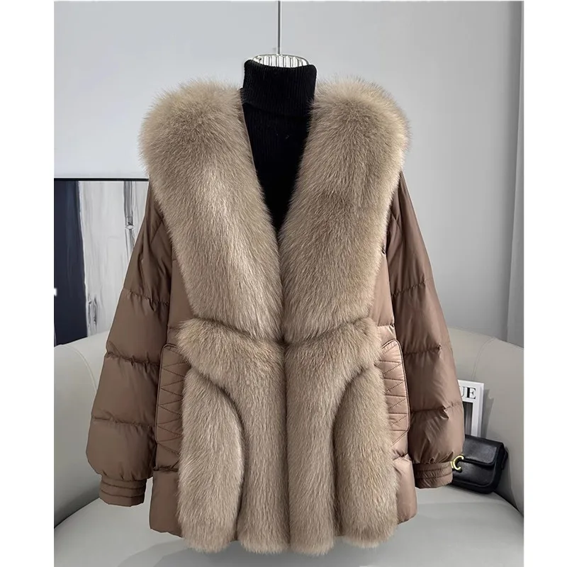 small child white duck down jacket female big fox fur collar 2021 winter new loose casual thickening medium long coat Women's Medium Length Fur Down Jacket, Goose Down Coat, Big Fox Fur Collar, Coffee Coat, Autumn and Winter