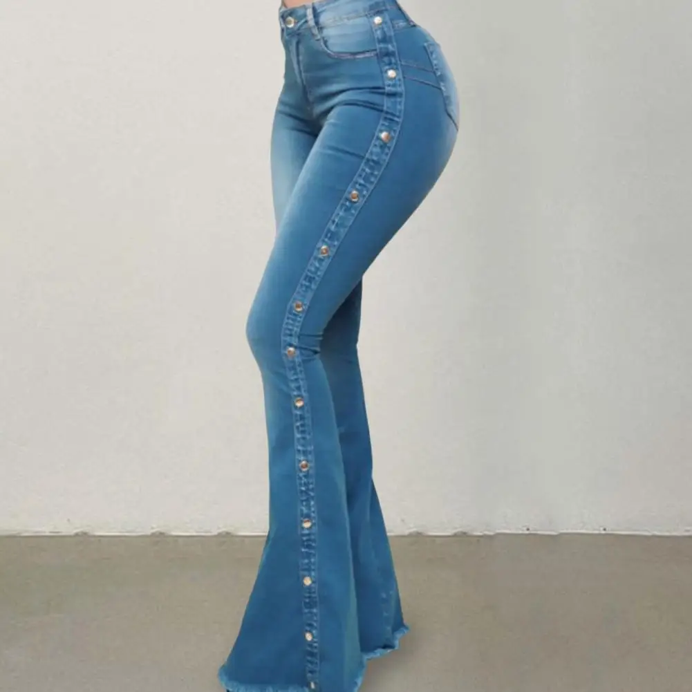 

Stylish Flare Jeans High Waist Skin-Touch Ladies Casual Flare Bottom Jeans Pants Tassel Denim Pants Streetwear