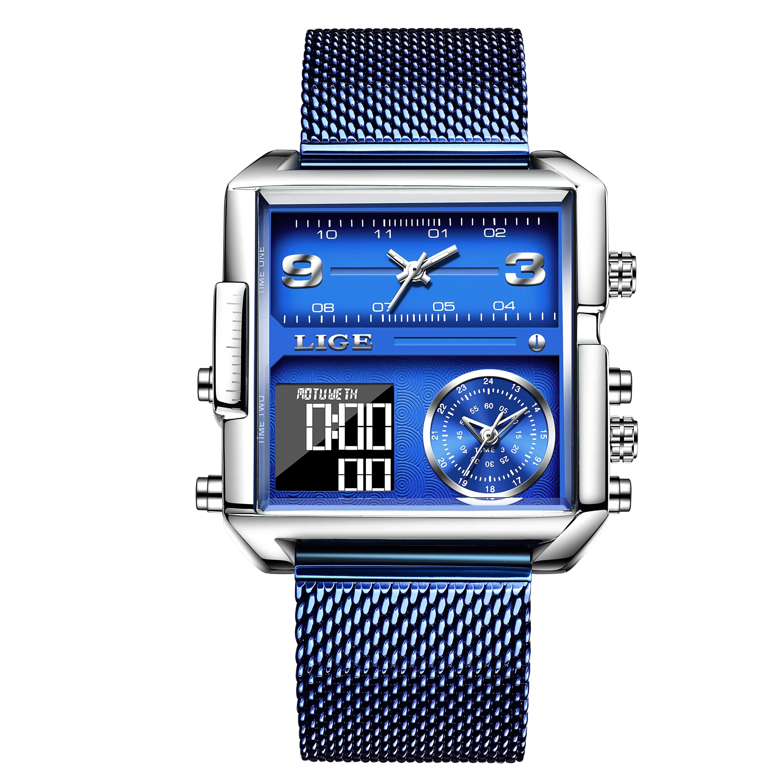 Luxury Gold Steel Sports Square Digital Analog Men's Quartz Watch