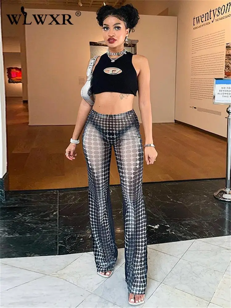 

WLWXR Summer Streetwear High Waist Sexy Bodycon Women Perspective Fashion Pants Women Y2k Geometric Nightclub Long Pants