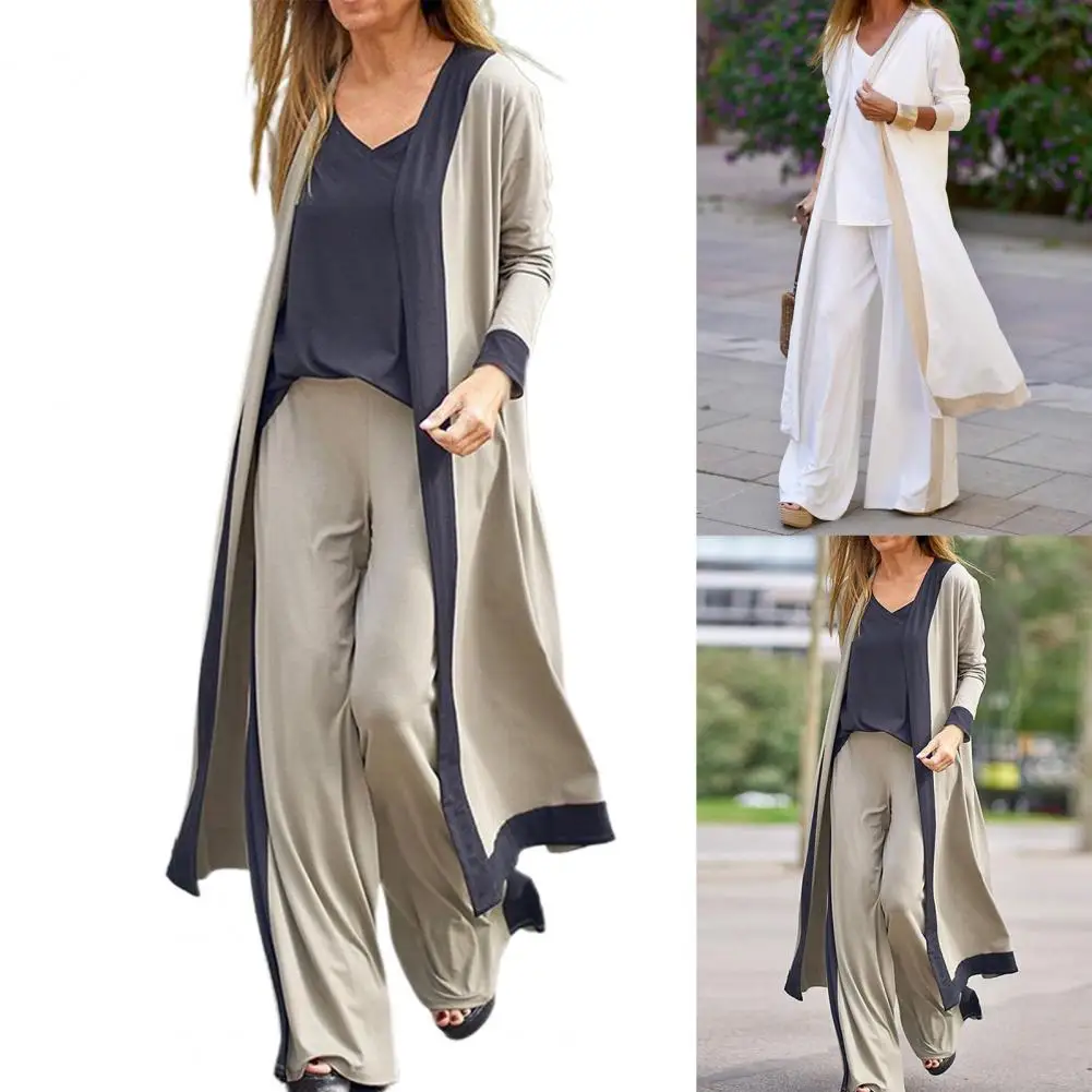 

1 Set Casual Outfit Mid Waist Temperament Lady Color Block Cardigan Straight Leg Trouser V Neck Camisole