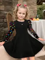 Robe élégante en tricot pour filles, style à manches longues, col rond et volants, imprimé coloré en forme de cœur, style populaire 4
