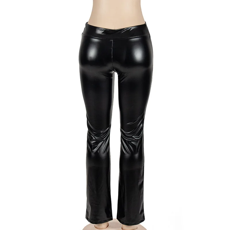 Pu Leather Split Micro Flare Pants Women 2023 Autumn Solid Color High Waist Slight Strech Slim Trousers Party Club Streetwear