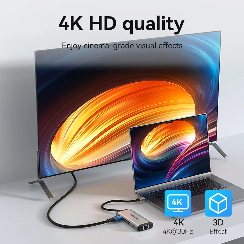 Vention 맥북 프로 에어용 USB C타입 3.1 분배기, USB C 허브, USB 3.0 도킹 스테이션, HDMI RJ45 4K 액세서리
