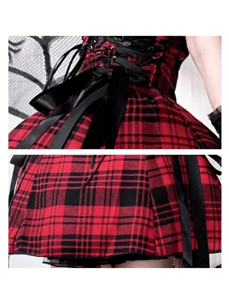 Dark Goth Red Plaid Dress Women Y2k E-girl Streetwear Lace Patchwork High Waist Corset Dress Aesthetic Vintage Partywear S-L
